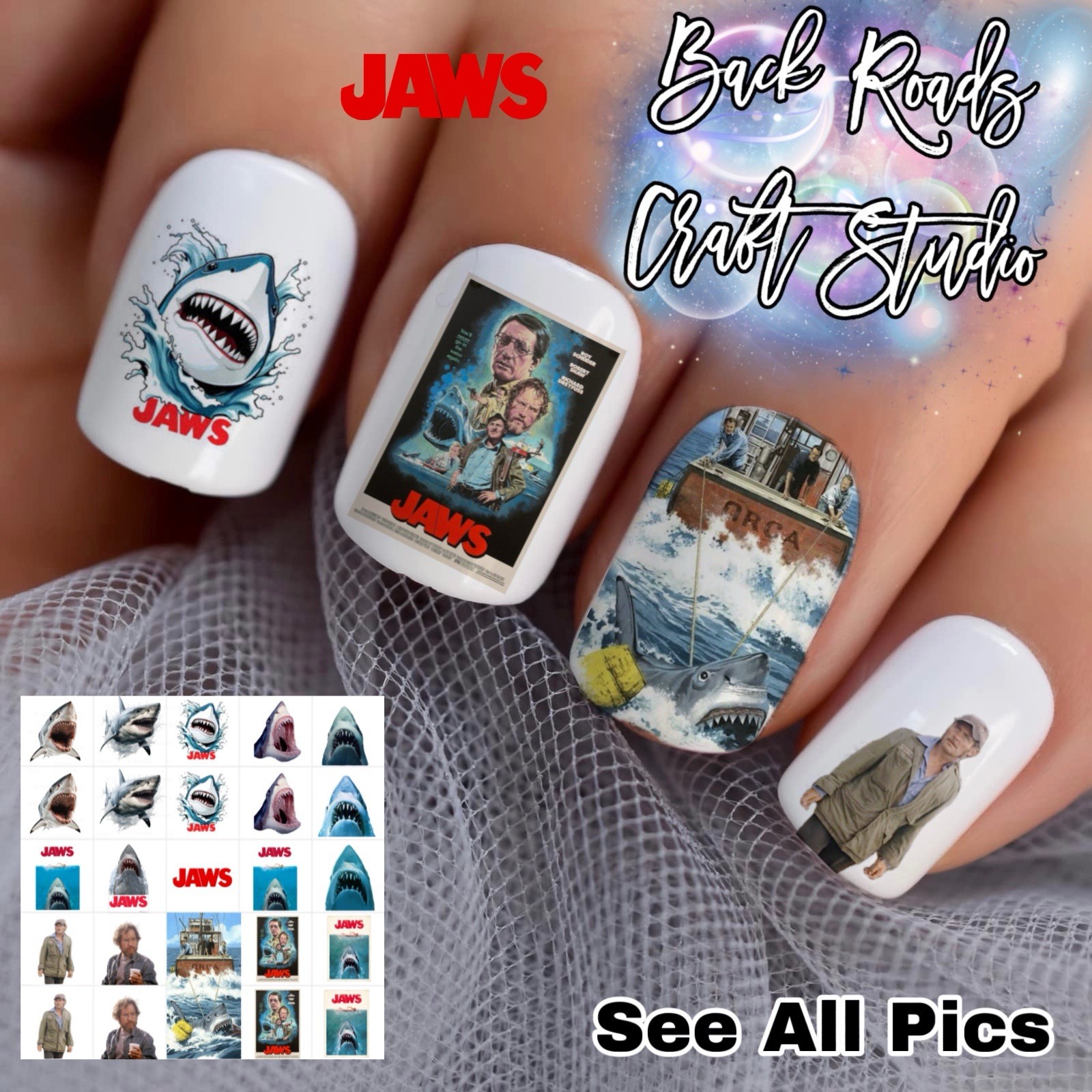 Jaws Shark Waterslide Finger Nail Decals Instructions set of 50 Bonus JS