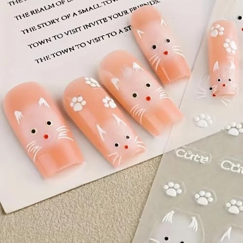 2 Sheets Cute Cat Nail Art Stickers, 5D Embossed Self-Adhesive Colorful W1