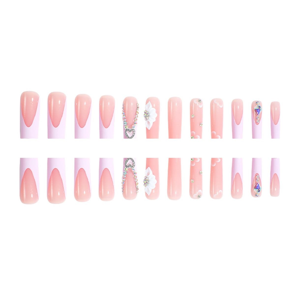 Press on Nails Long Square 3D Alloy Heart Rhinestones Petal Charms Nail Tips …
