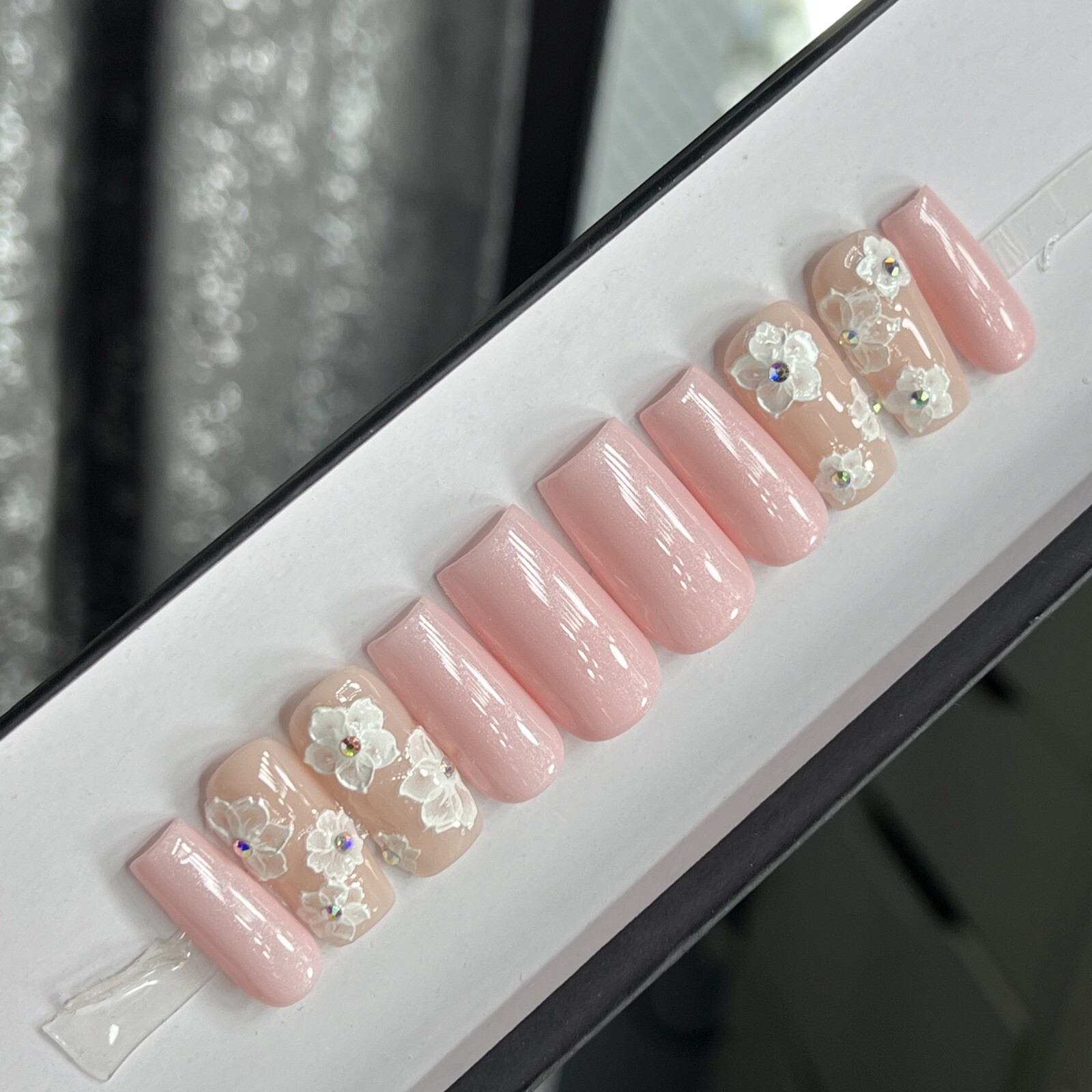 🤍 CUSTOM Hard Gel Press On Nails, Flower Pink Nude BLING 10p FULL SET W Kit