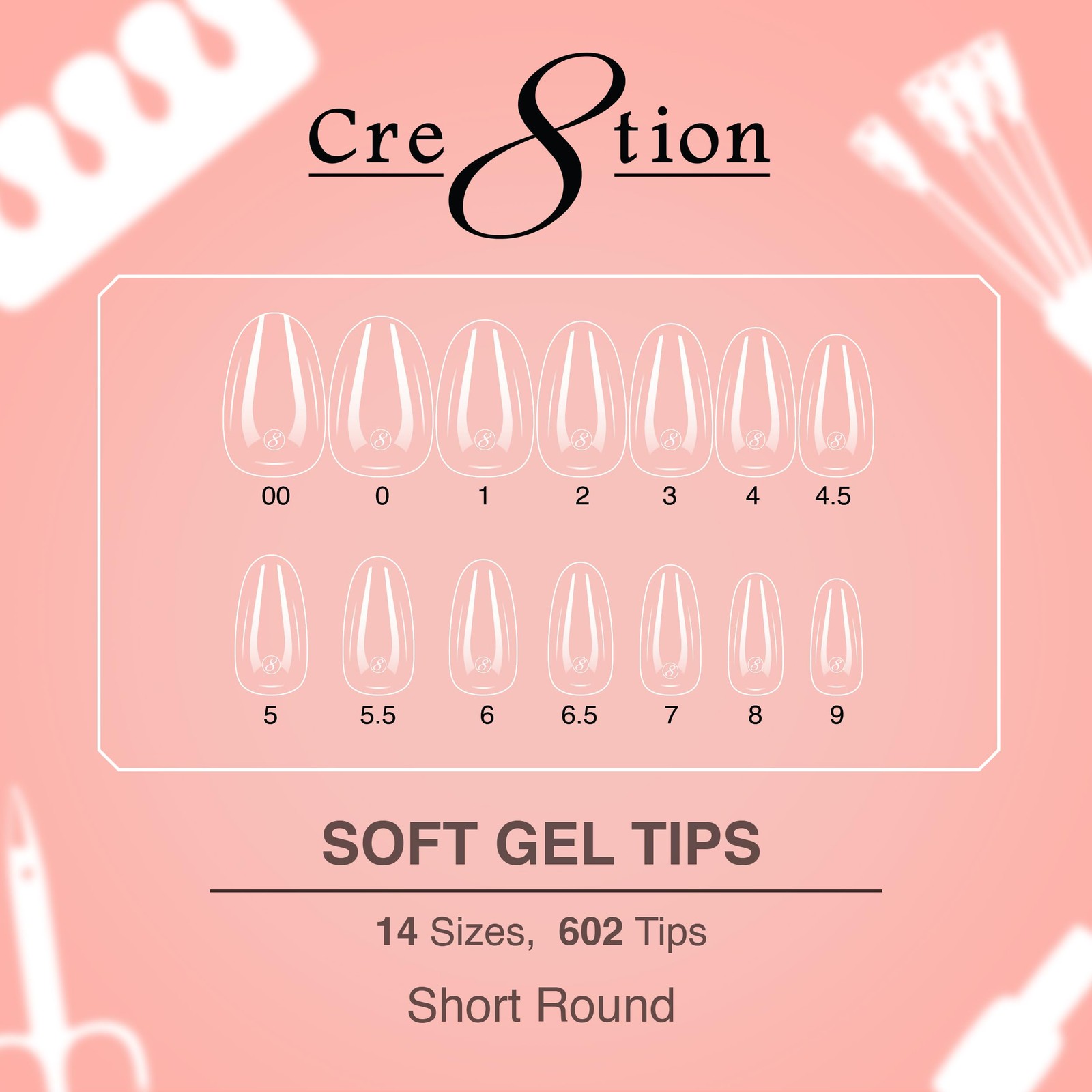 Cre8tion Soft Gel Nail Tips, Short Round Shape, 602 Tips in 14 Sizes (00-9) f…