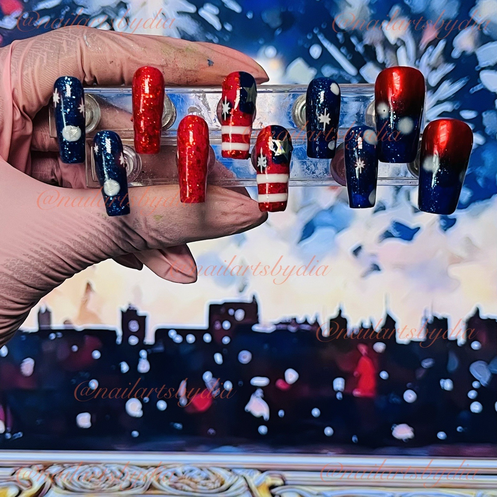 Authentic Nail Arts by Dia Square Press-On Nails Red Blue Glitter Stars