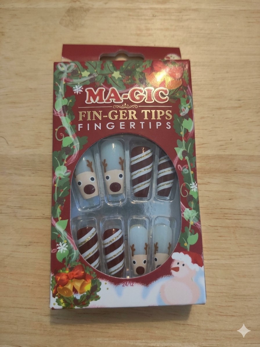 MA-GIC Christmas Reindeer Artificial Nails Medium Square Glitter w/ Box