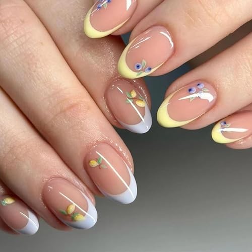 Almond Press on Nails – Short Fake Nails – Yellow Light Blue – French Tip Fruits