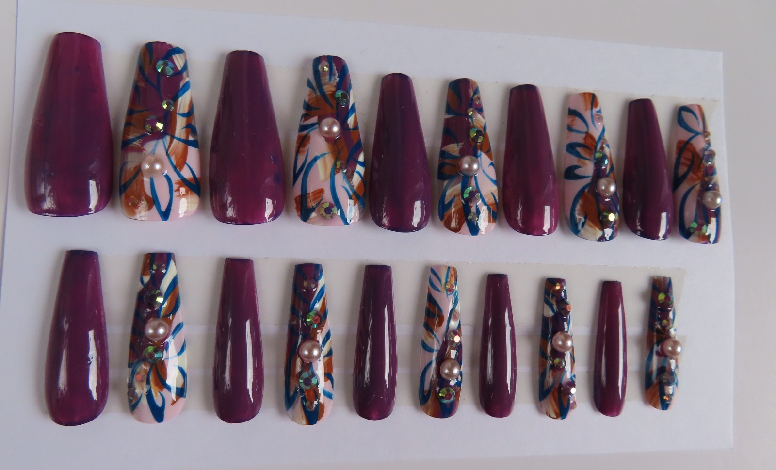 (2) Sets Purple Blue Pearl Abstract | Blue Pink Pearl Wave Coffin Press-On Nails