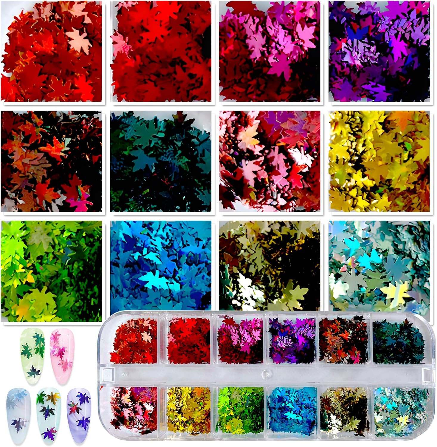 4 Boxes Nail Glitter Holographic Maple Chunky Glitter Flakes Mixed Shaped Flower