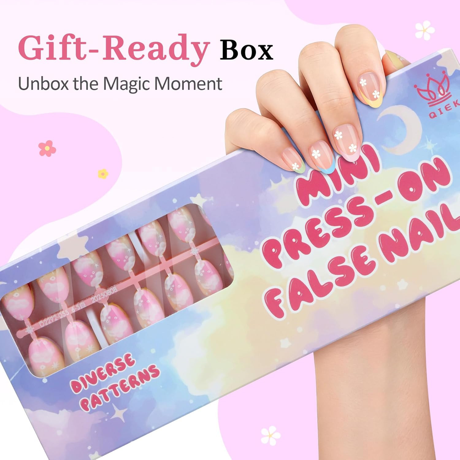 16 Sizes 128 Pieces Press on Nails for Kids, 4 Pack Kids Nail Kit Colorful Flowe