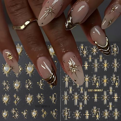 Holographic Gold Star Nail Stickers with 5D Embossed Rhinestones & Laser