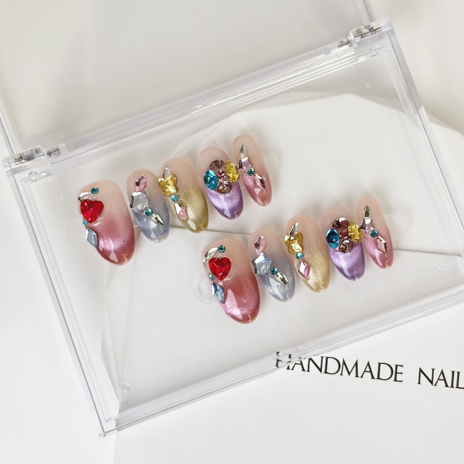 Rainbow Sugar Diamond Press-On Nails Medium Oval Sweet Cool Style Handmade Set