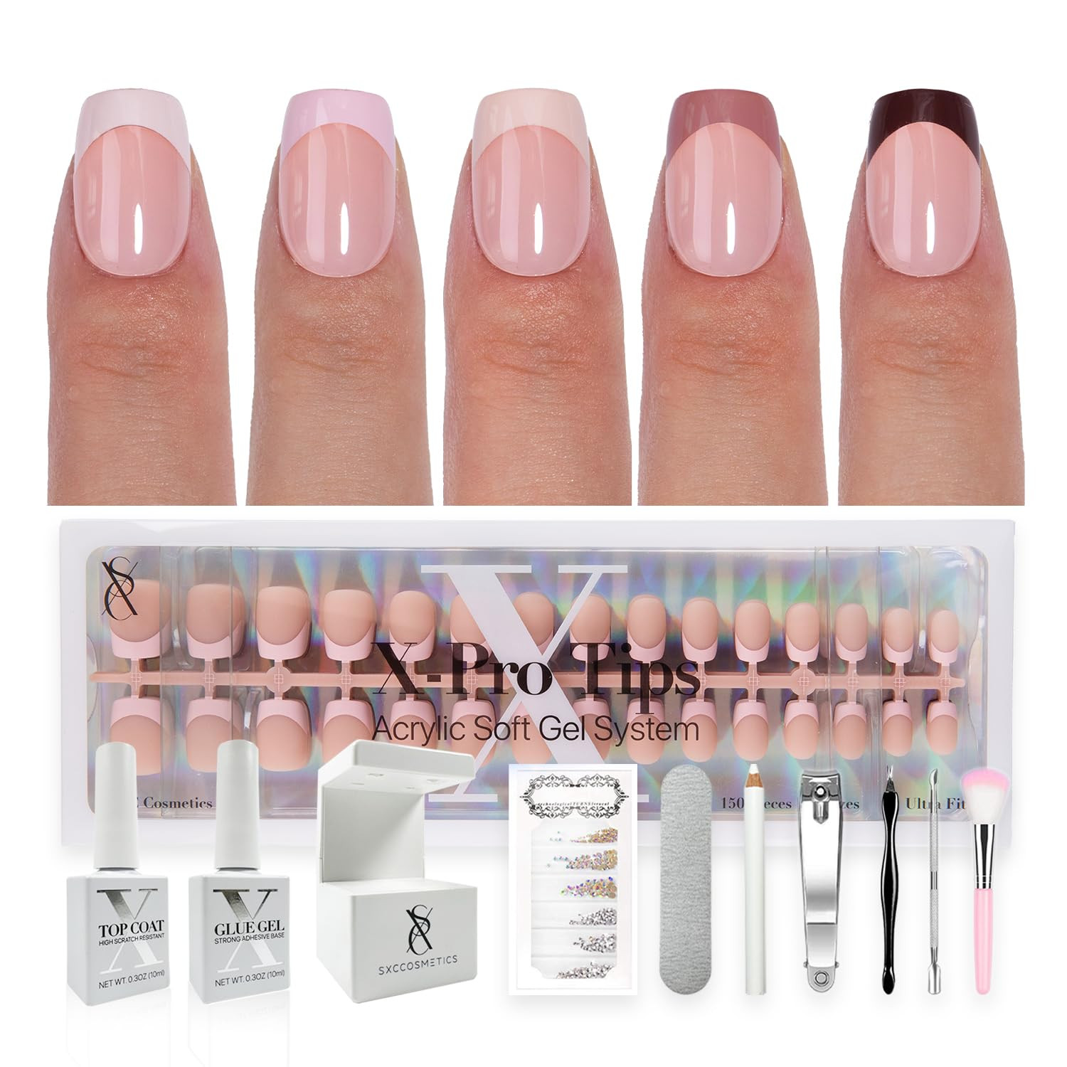 SXC Cosmetics French Tip Press on Nails – Skin Tone Nude and Color Series, XS Sq