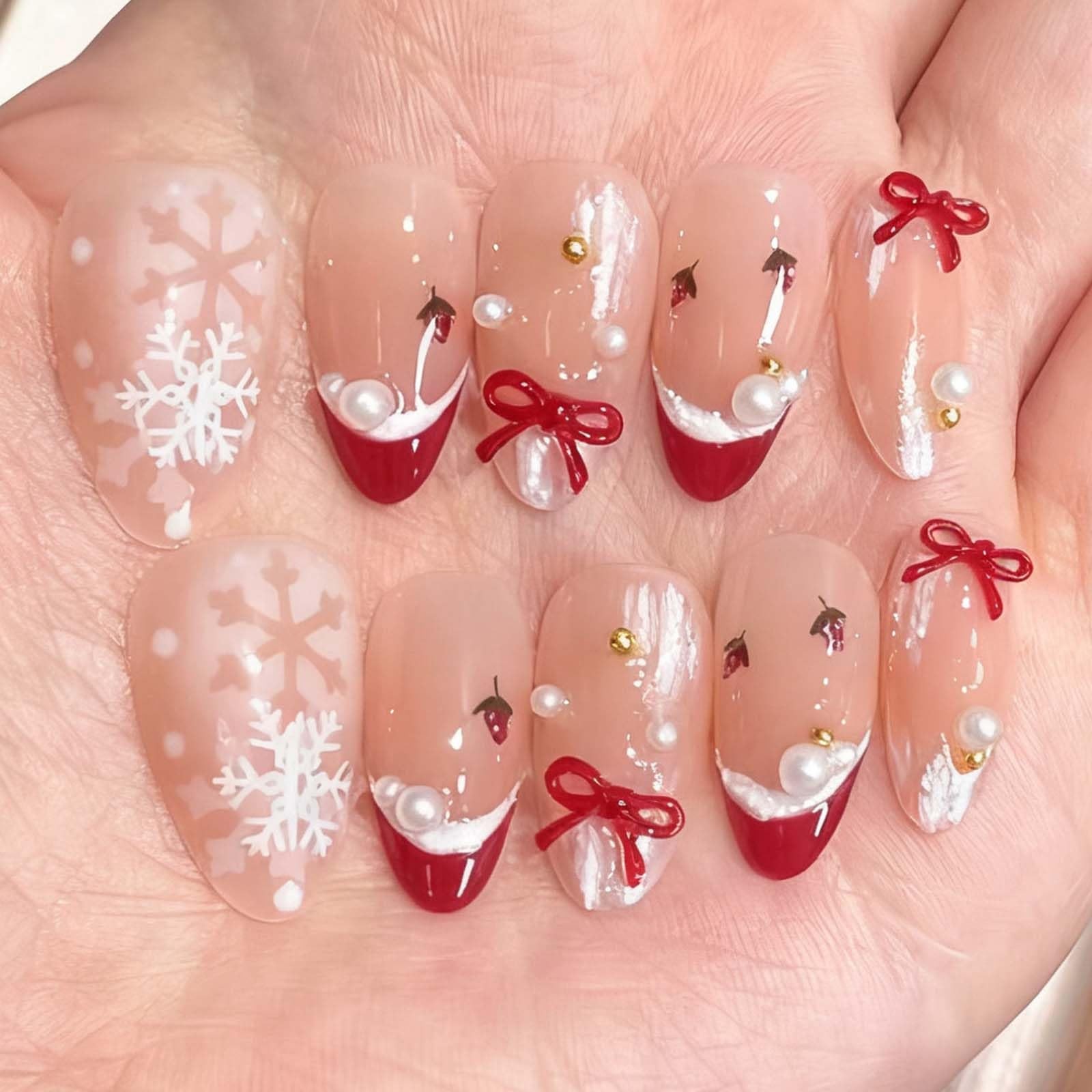 24Pcs Christmas French Tip Press on Nails Short Almon Snowflake Fake Nails Re…