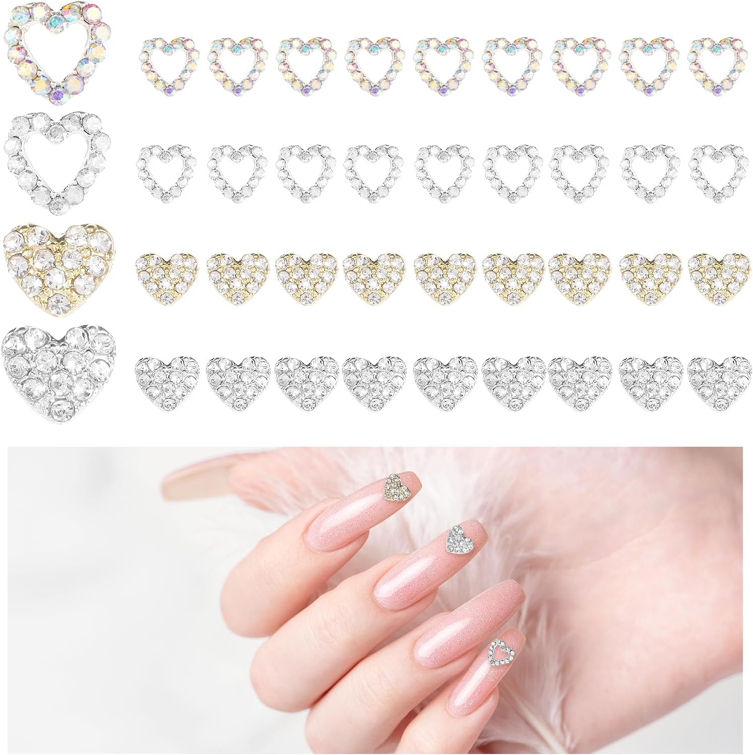 40 Pcs 3D Heart Nail Charms Rhinestones Gems for Nail Art & DIY Decor