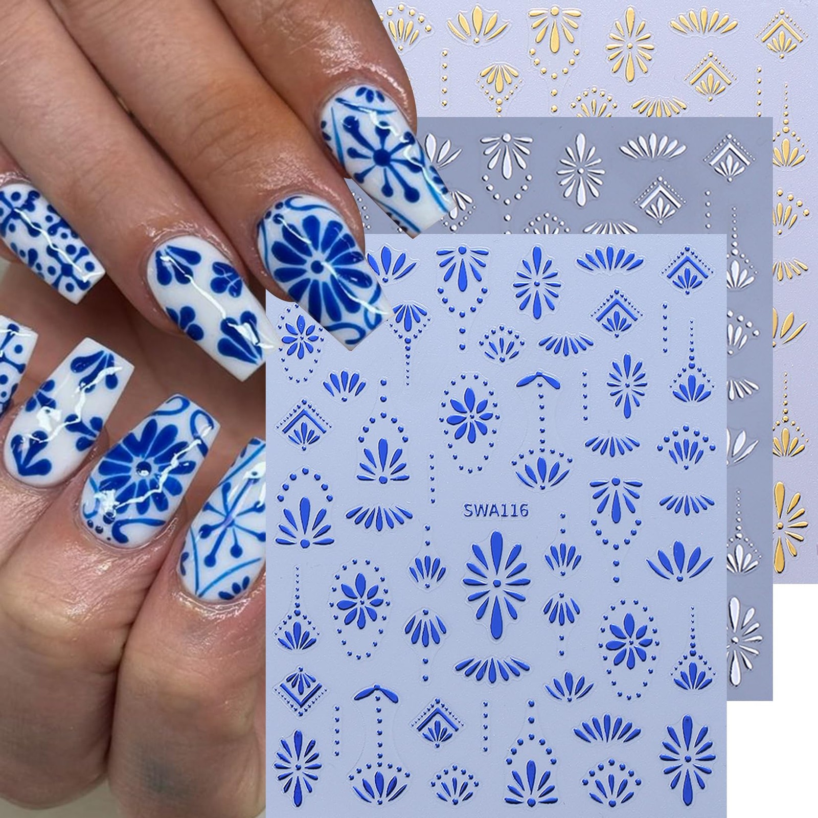 Bohemian Stickers for Nail Art 12PCS Boho Styles Decals Blue Colorful