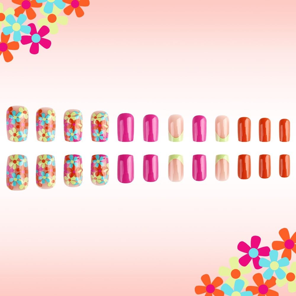 Uñas Postizas decoradas Acrílicas Falsas 24pack Colores French Flowers