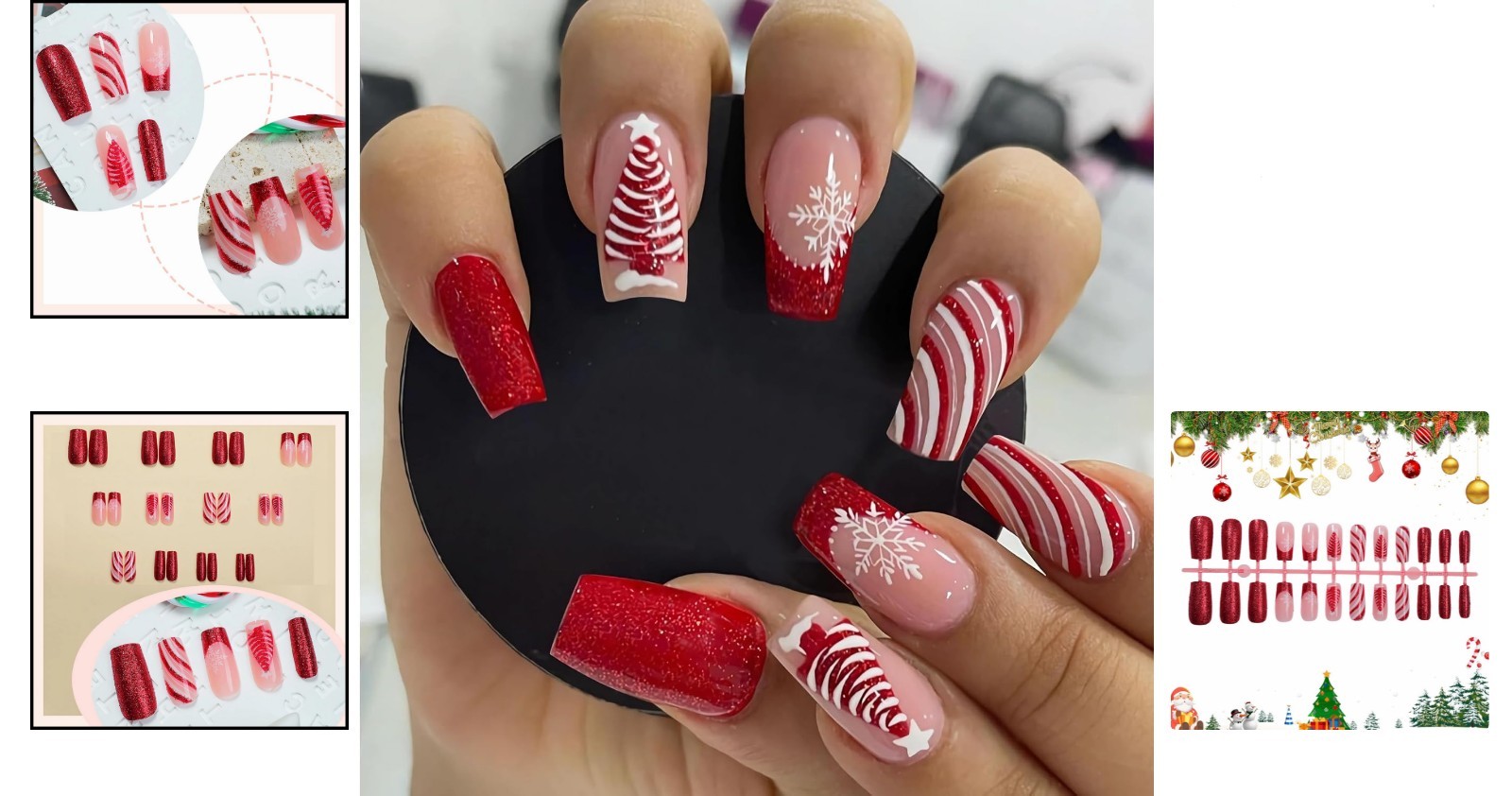 Holiday Acrylic Nails: Custom 24Pcs Red French Glitter & Snowflake Design
