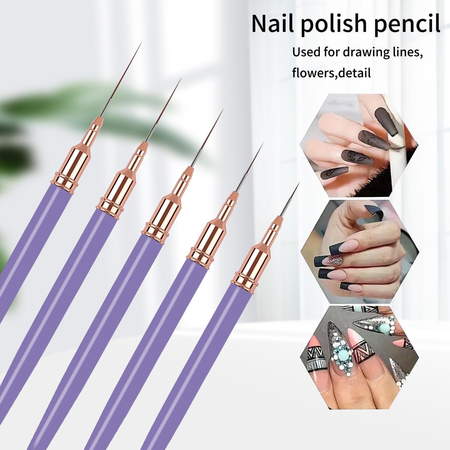 5PCS Nail Art Liner Brushes Set Fine Detail UV Gel Painting Tools Purple