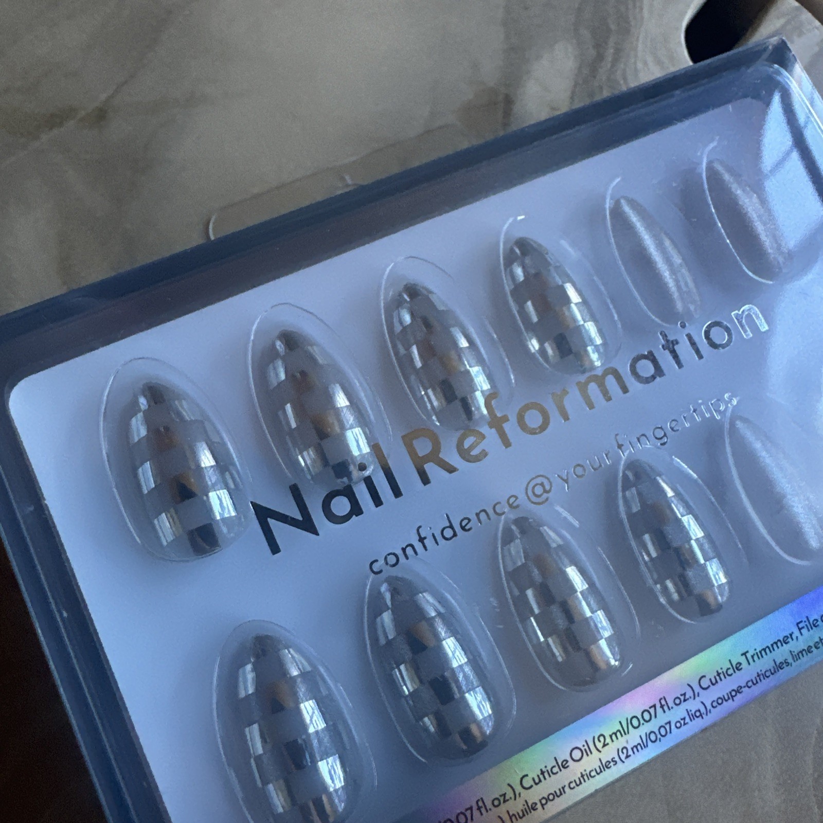 Nail Reformation Disco Checkered Almond Press On Nails Kit With Glue 32 Nails