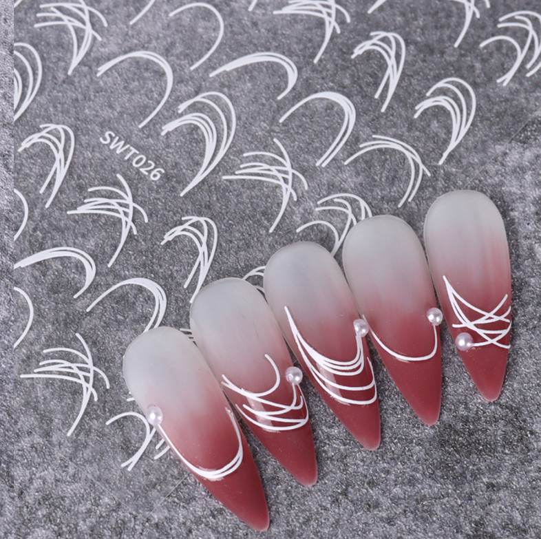 2Pcs Decoration 3D Silver White French Stripe Curve Line Tips Nail Stickers NH27