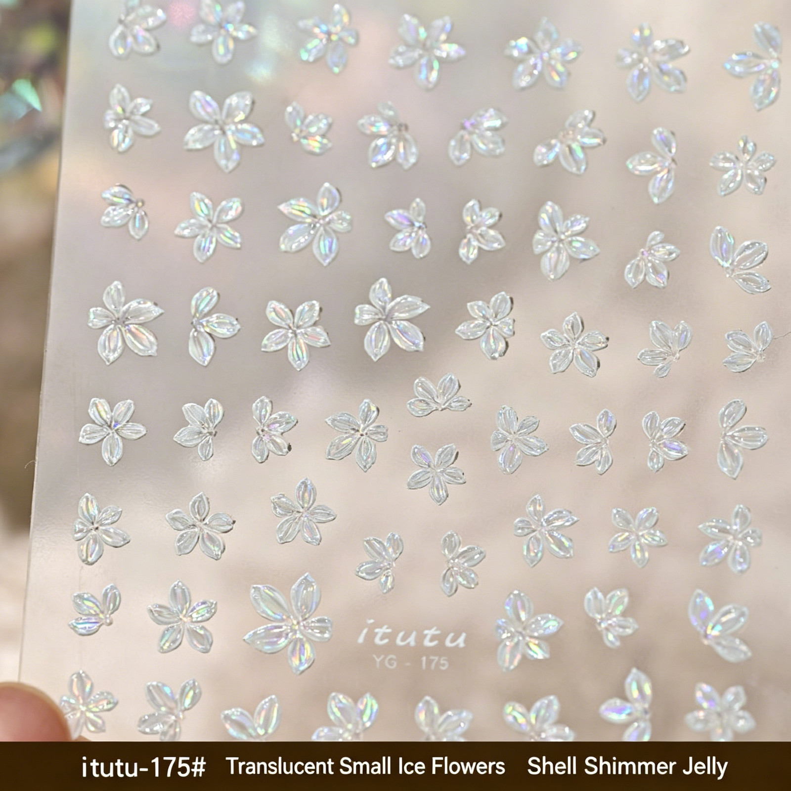 New Translucent Small Ice Flower Embossed Jelly Nail Stickers, Fairy Shell Shimm