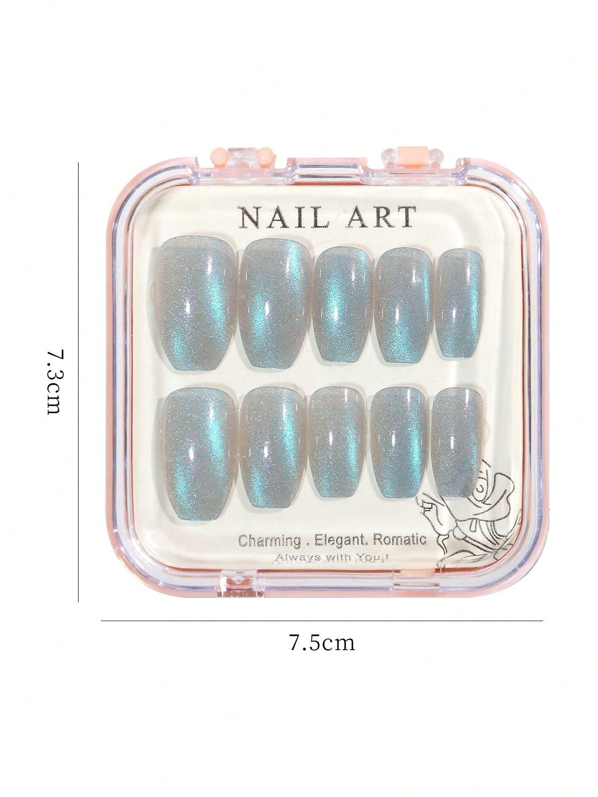 24pcs Short Coffin Blue-Green Glitter Cat Eye French Style Fake Nail Press On