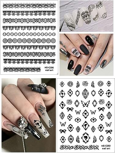 9 Sheets Lace Nail Art Stickers, Black Lace Flower Design 3D Self-Adhesive