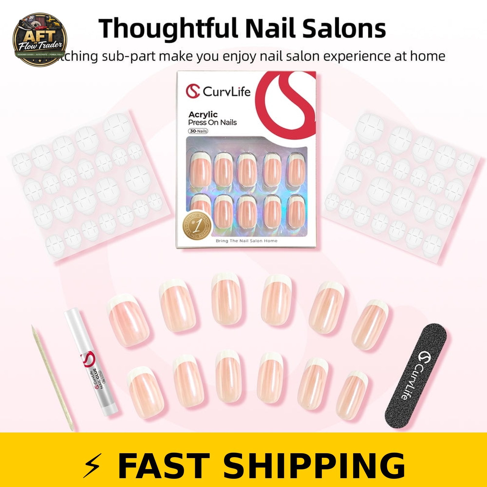 CurvLife Pearl Drizzle Press-On Nails – 30PCS Short Square