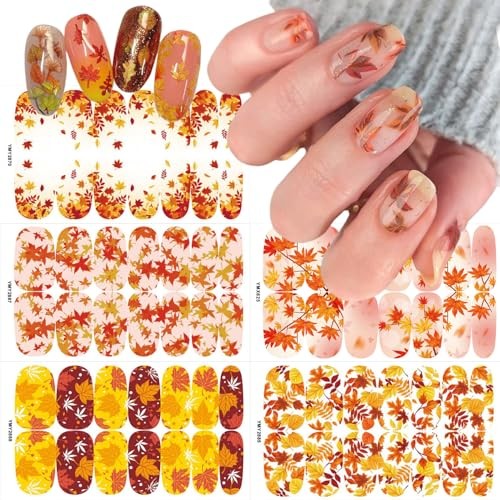 5 Sheets Fall Nail Stickers 3D Maple Leaf Full Nail Maple Leaf Nail Stickers-3