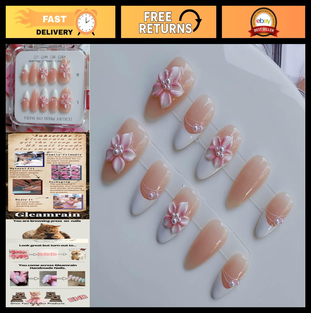 Medium Almond Press-On Nails, Handmade French Tip with Flower & Pearl Design, Ch