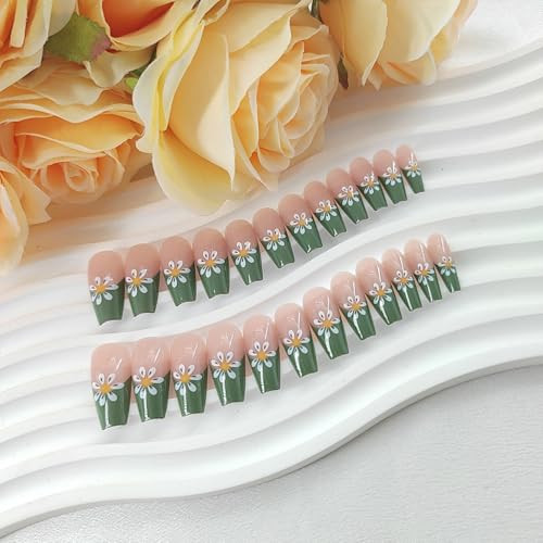Coffin Press on Nails Medium Green French Tip False Nails with White Flower