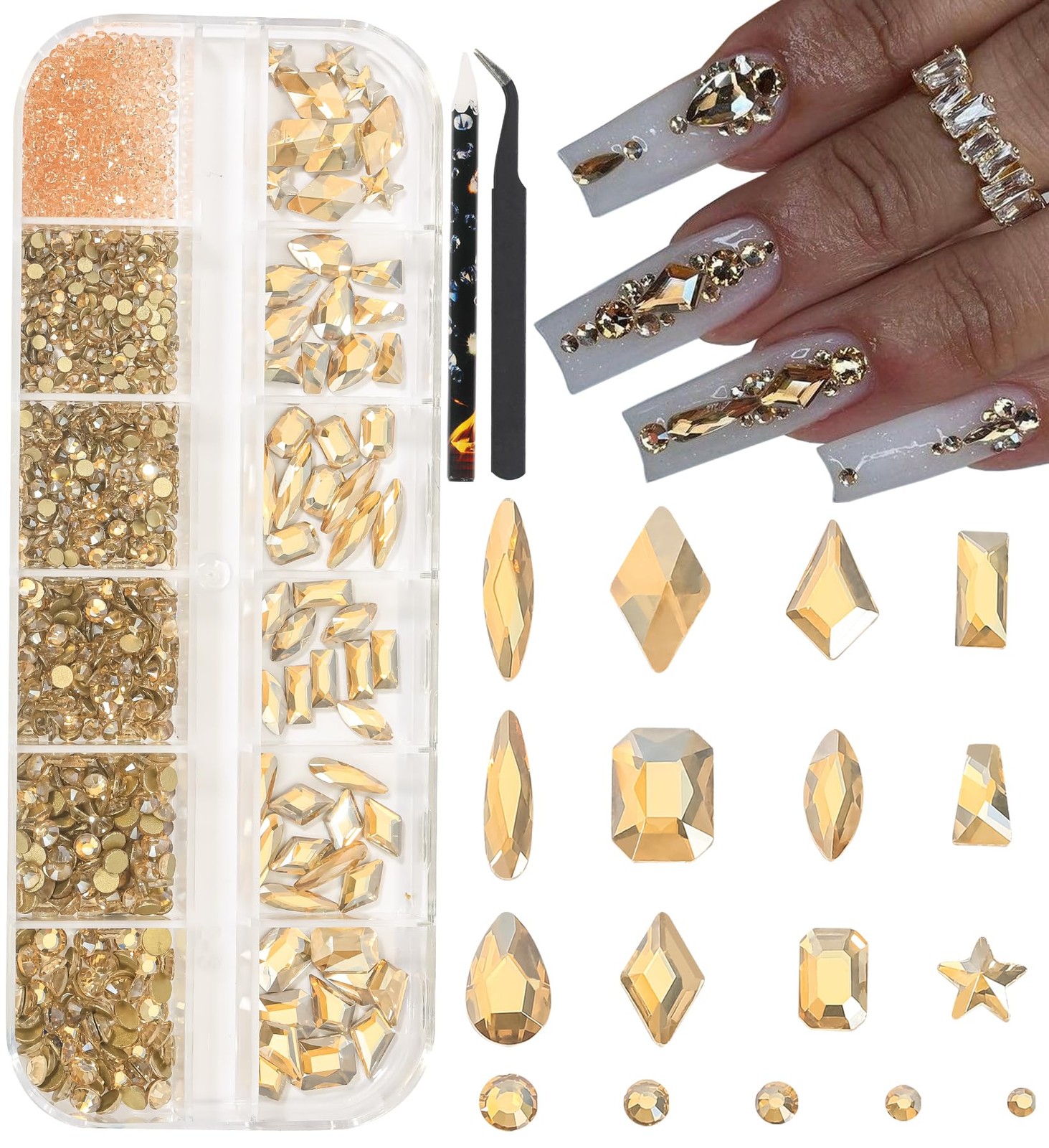 Champagne Gold Nail Rhinestones Kit Flatback Nail Charms Glass Gems Stones 14…
