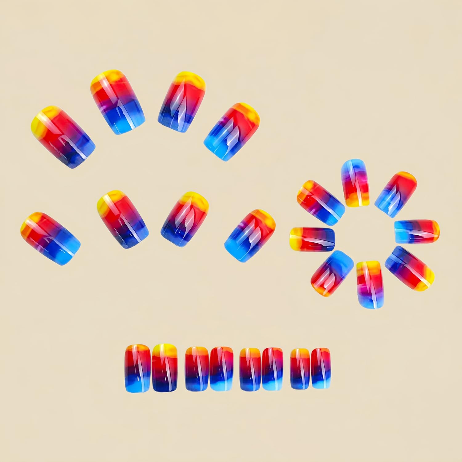 Short Press On Nails Square Fake with Sunset Blending Designs – Q21