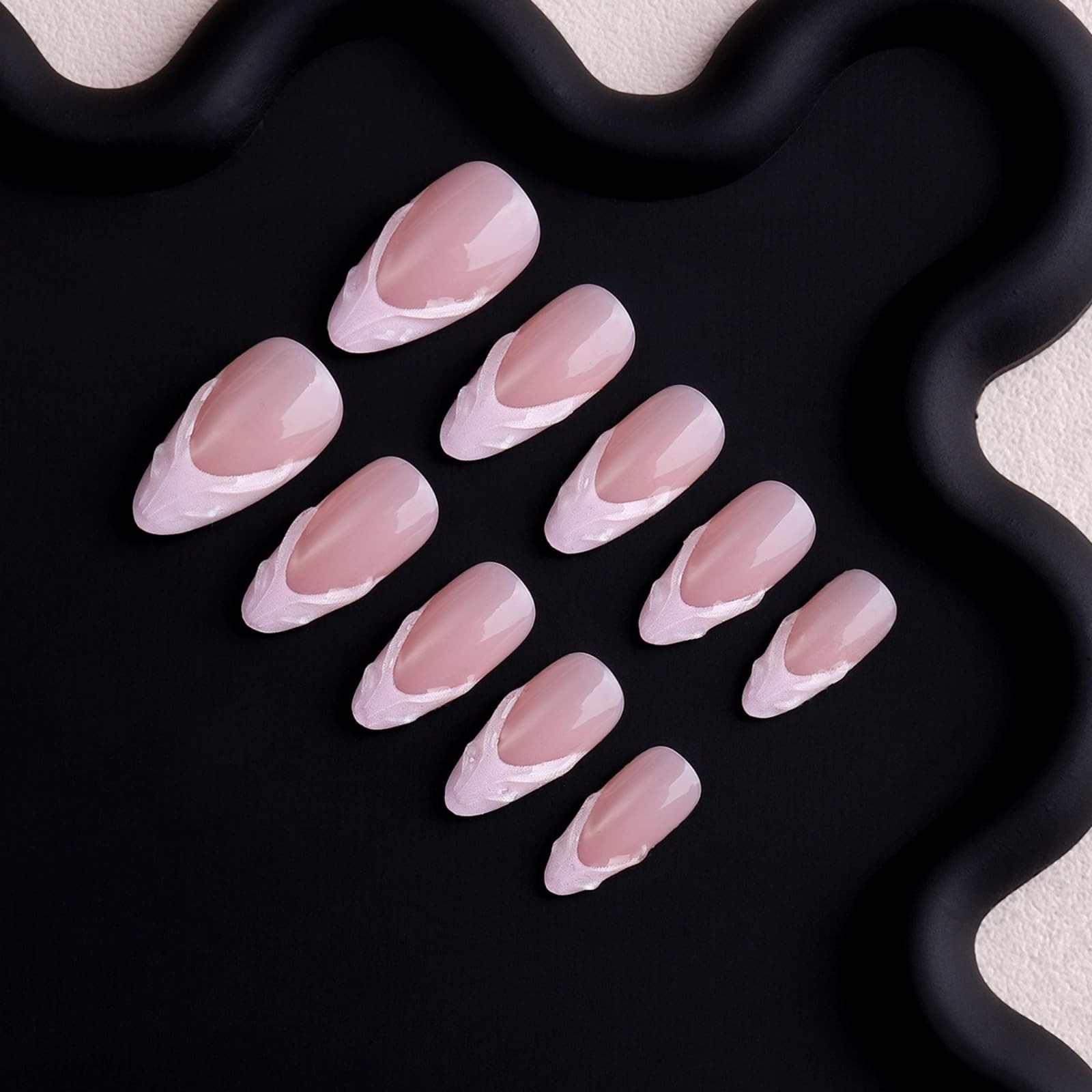 Pink French Tip Press on Nails Medium Almond Fake Nails 3D Swirl Stick on Nai…