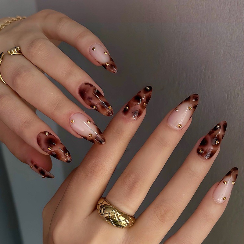 48pcs Stiletto Press on Nails, Brown Tortoise Gradient Gold Bead Chic Nails