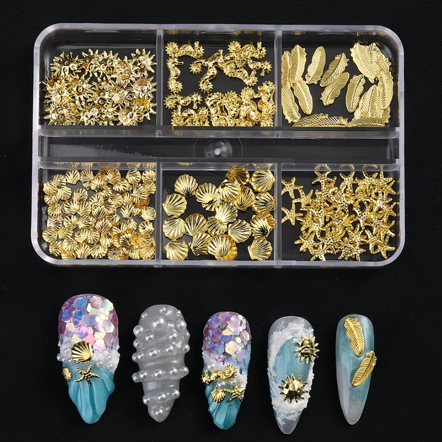 2Boxes Gold Summer Ocean Nail Charms and Gems Metal Small Seashell Starfish Seah