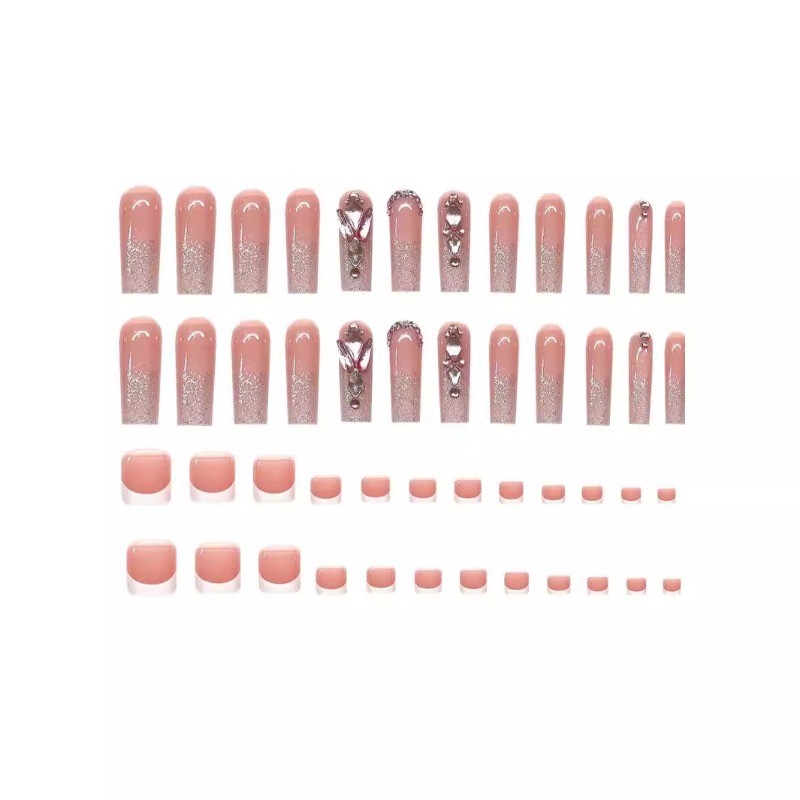 48pcs-Glam Pink Press on Nails with Ombre, Glitter and Rhinestones, Long Square