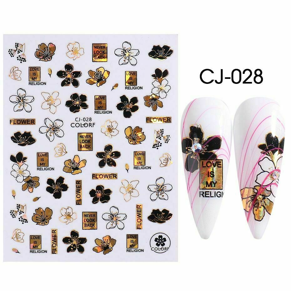 3D Nail Art Sticker Holographic Flower Clover Abstract Face Letter Slider NS18
