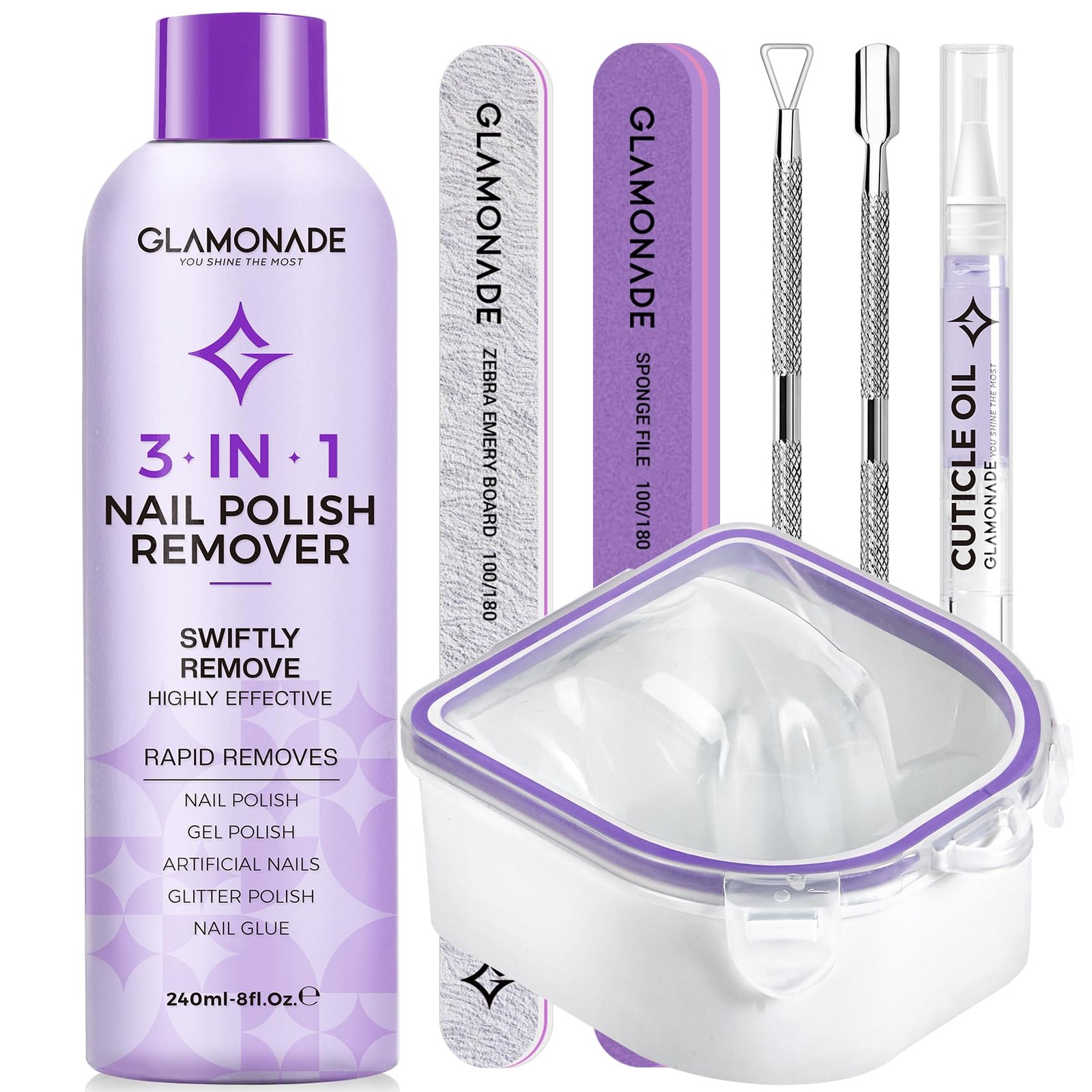 Glamonade Acetone Nail Polish Remover A5-8 Ounce + Manicure Kit Bowl, Purple