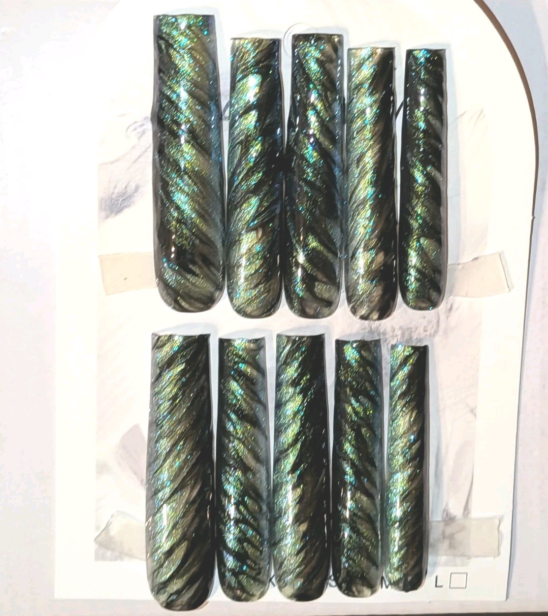 Hand crafted Black/Green custom cateye 10pc 3xl acrylic press on nails sz Medium