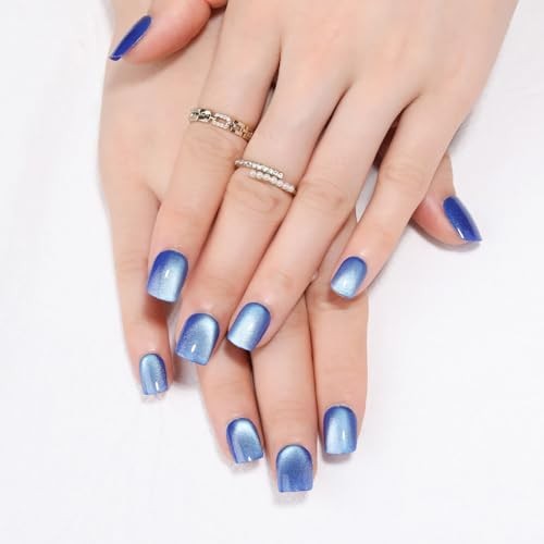 Royal Blue Press on Nails – Short Square – Cat Eye Fake Nails – B01 – Ice Blue
