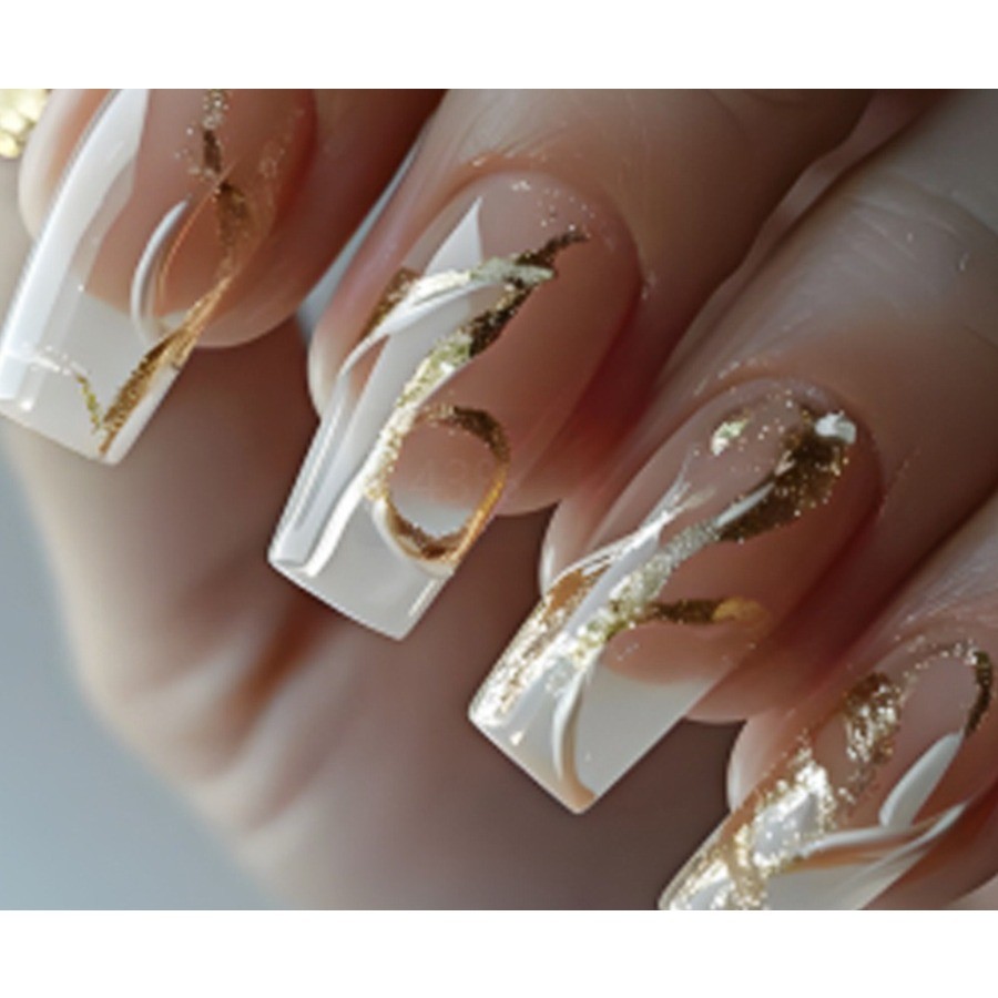 48 Pcs Gold Foil Curve French Press on Nails, Long Coffin Nude Fake Nails