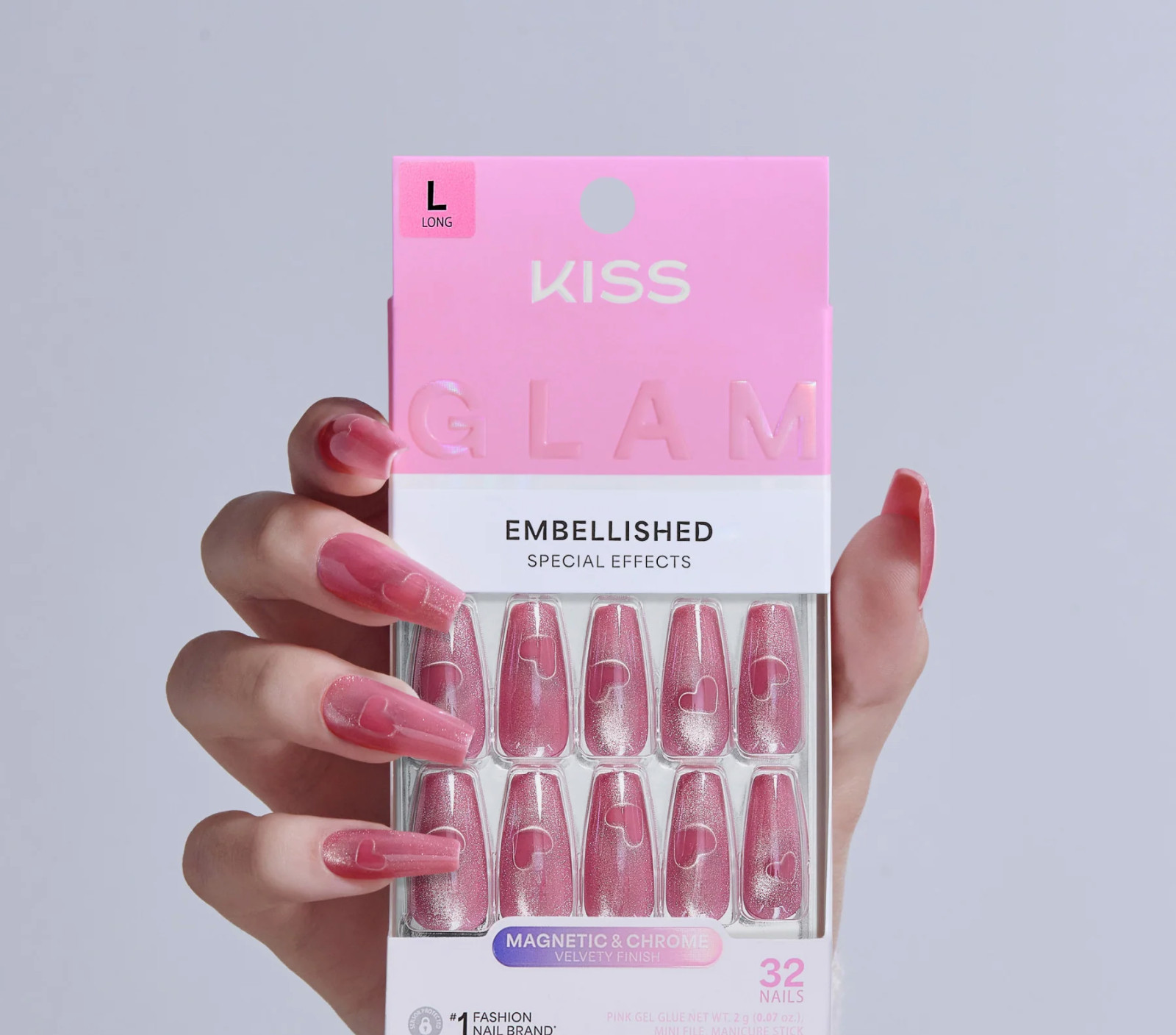 KISS GLAM Embellished Special Effects Press on nails 32 Long length Pink Sugar