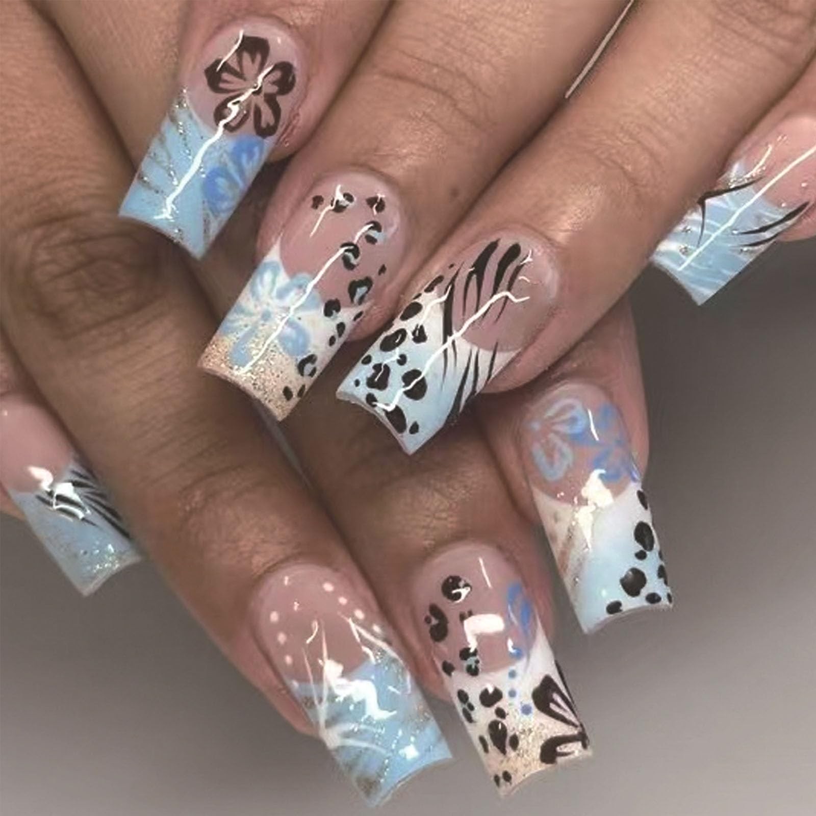 French Tip Long Press on Nails Almond Fake Nails with Leopard Flower Lines Gl…