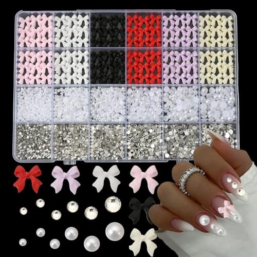 OPMADM Bow Nail Charms and Gems, Nail Set 2 – Bows+Rhinestones+Flatback Pearls