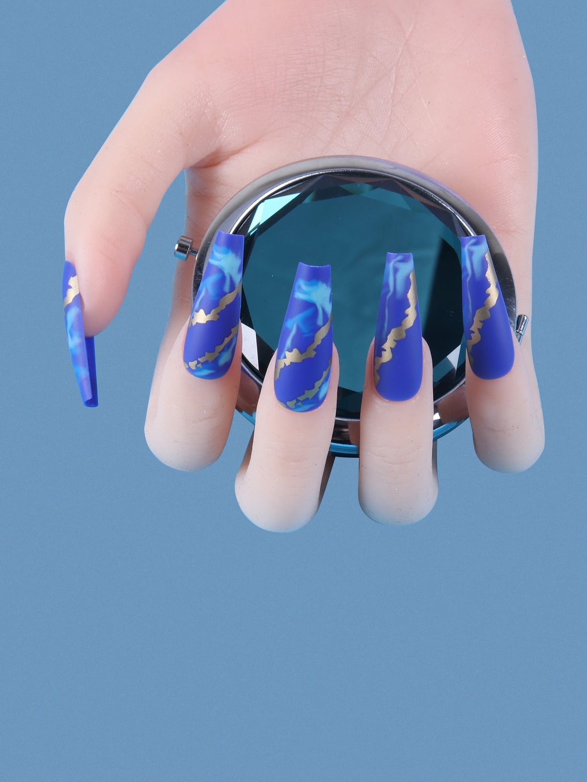 24pcs Long Coffin Abstract Blue Marbled Pattern Fake Nail Press On Nails False