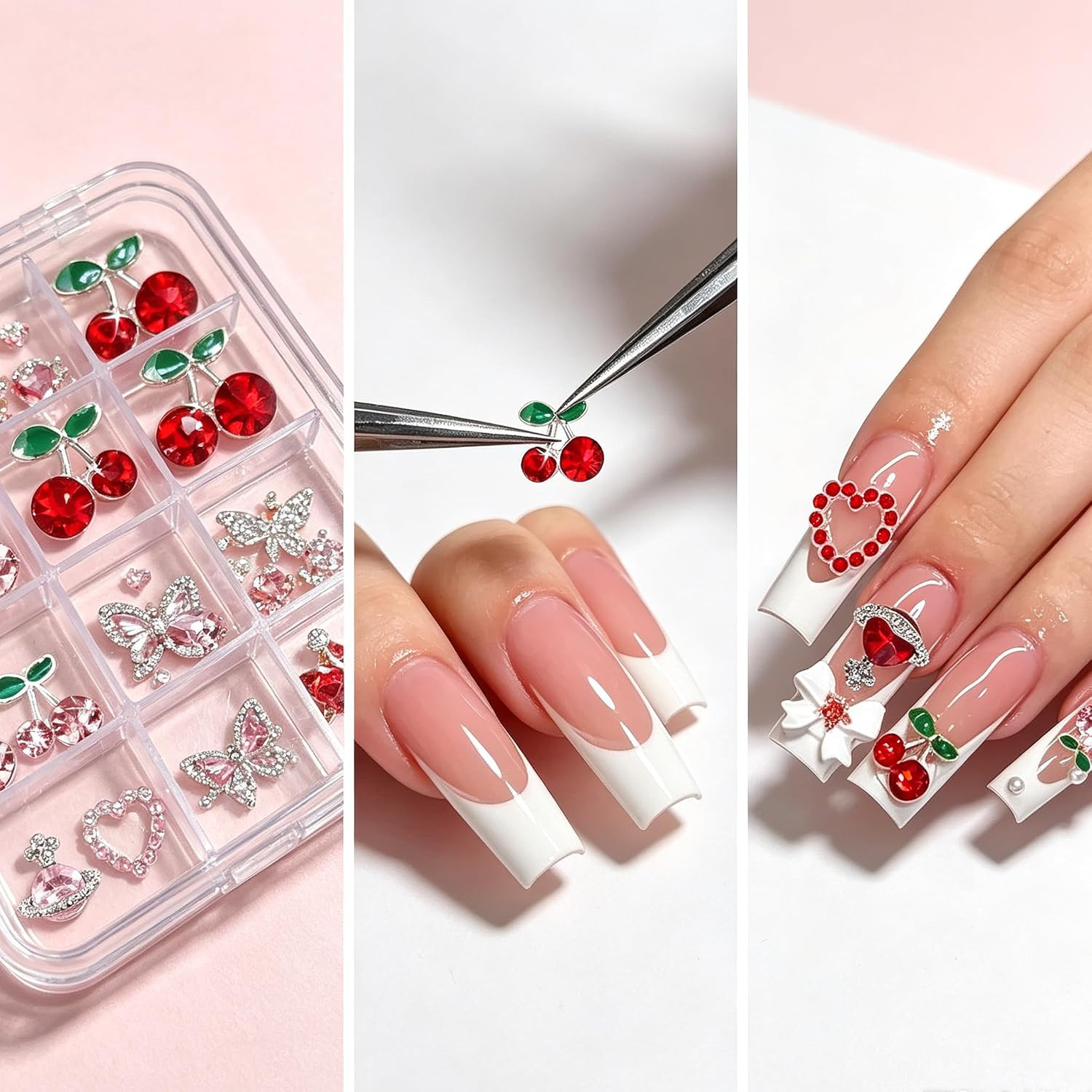 45 Pcs Cherry Nail Charms Rhinestone Red Pink Cherries Nail Art Gems Star Heart