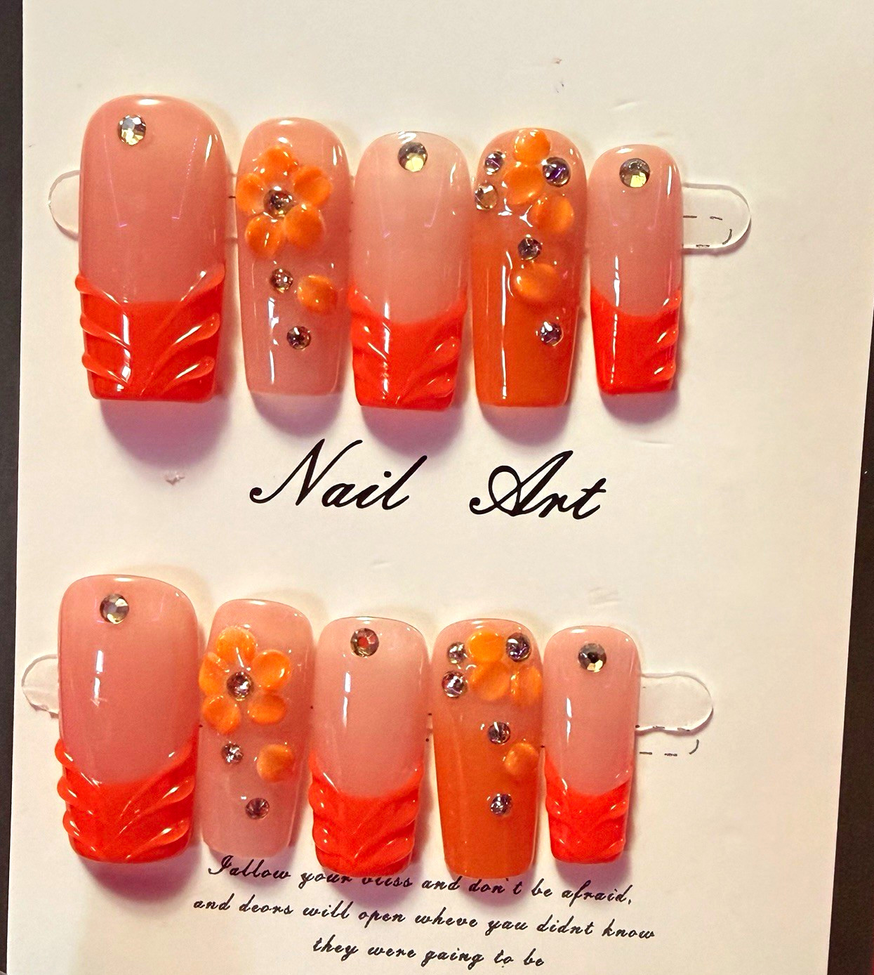 Nail Art Orange/Pink 3D Flower Square Press-On Nails, Full Cover size large