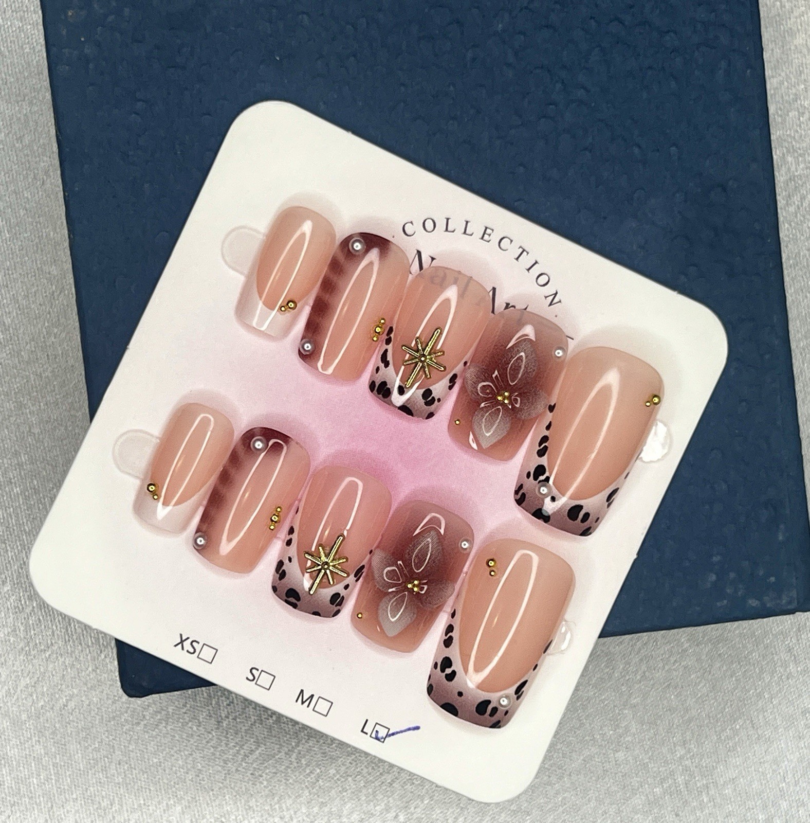 Long Square Beige Press-On Nails, 3D Floral & Animal Design, Full Cover size L