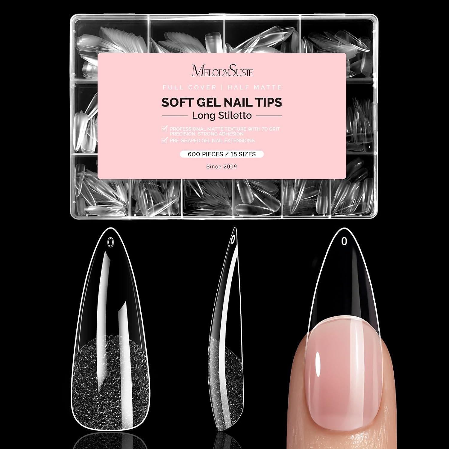 Melodysusie Long Almond Stiletto X Nail Tips – 600Pcs 15 Sizes Clear Acrylic, Ha