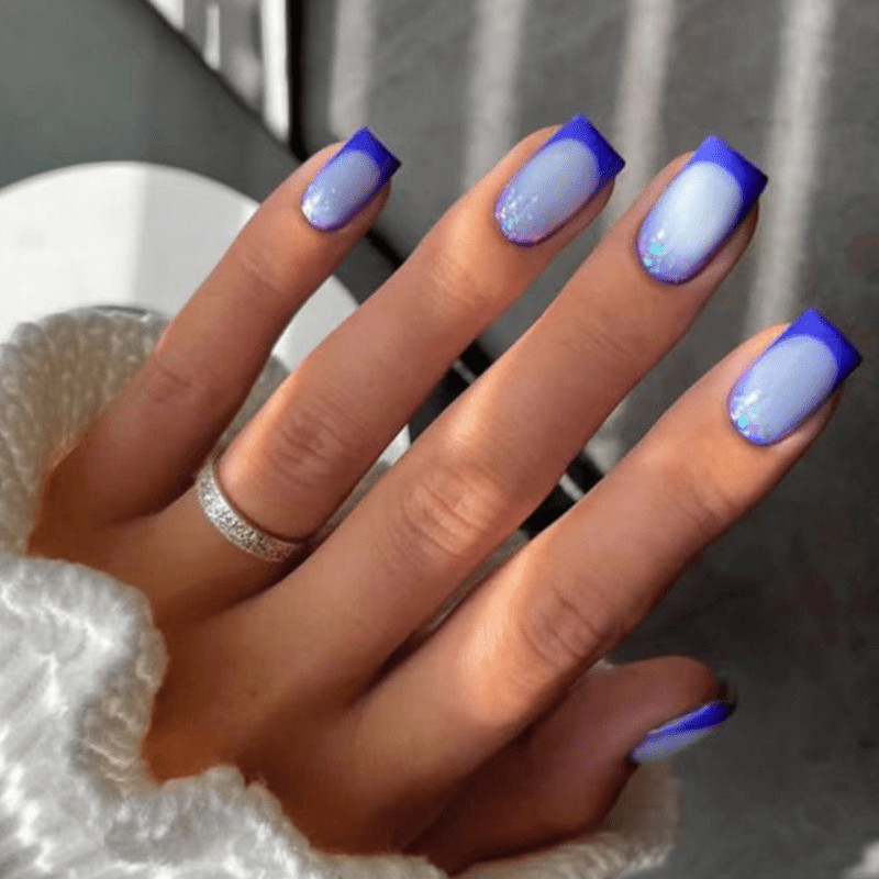 48P Short Square Press on Nails, Royal Blue French Holographic Fake Nails