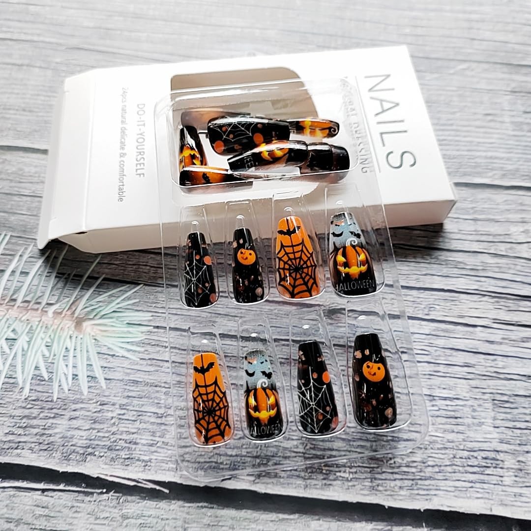 24Pcs Halloween Press on Nails Medium Square Fake Nails with Pumpkin Spider W…